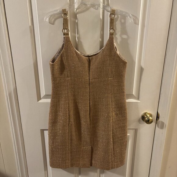 Boston Proper Tan/Gold Shimmer Cocktail Dress with Gold Rings on Straps Size:10 - Picture 3 of 4